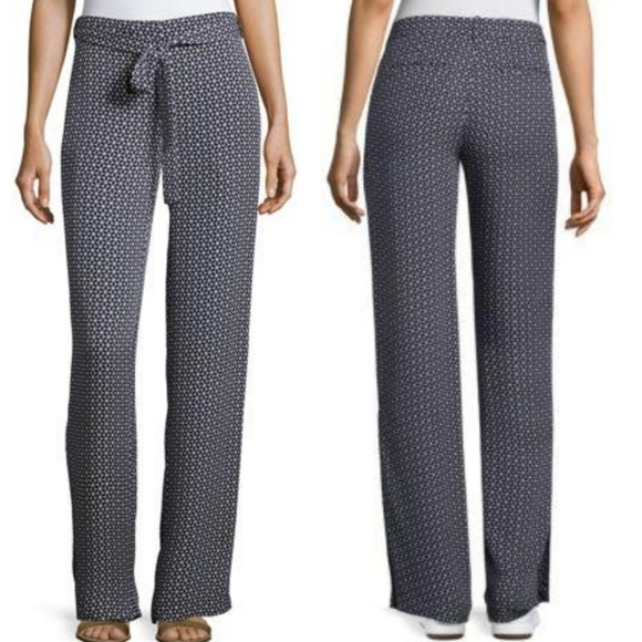 Theory Pants - Theory Brilda Geometric Printed Pants Wide Leg Blue White Silk Button Slit 2 New